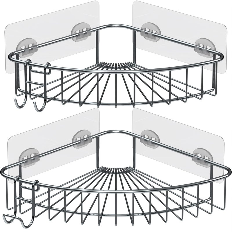 Jovware Shower Shelf for inside Shower, Shower Shelf Corner, Shower Corner Caddy, Adhesive Shower Caddy, Shower Wall Caddy, Stainless Steel Shower Caddy Suction No Drill 2 Pack Silver - Image 1